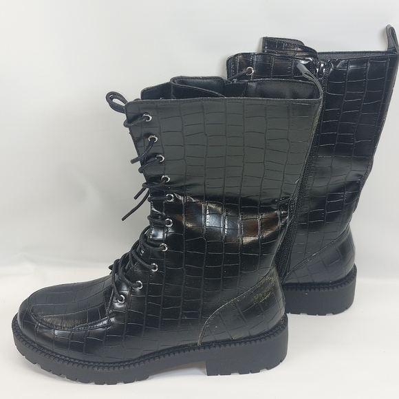 Coutgo Womens Mid Calf Lace Up Boots Lug Sole Closed ToeSide Zipper Military - Picture 5 of 9